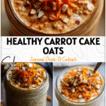 Jar of Carrot Cake Overnight Oats with almond milk topped with grated carrots and spices. 26